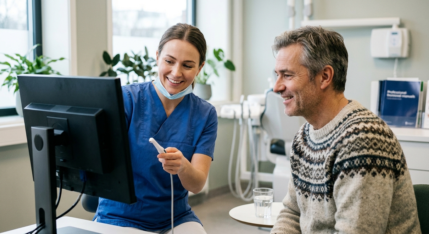 Pasient smiler under profesjonell tannrens i tannklinikk, med tannlegevurdering og rutinemessig kontroll