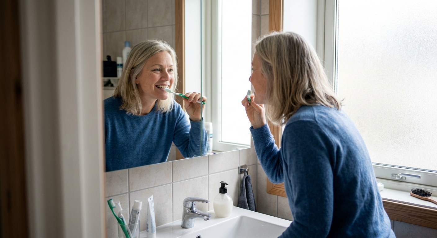 Tannlegekonsultasjon: pasient smiler under samtale om tannhelse og daglig munnhygiene i hjemlig oral care-rutine