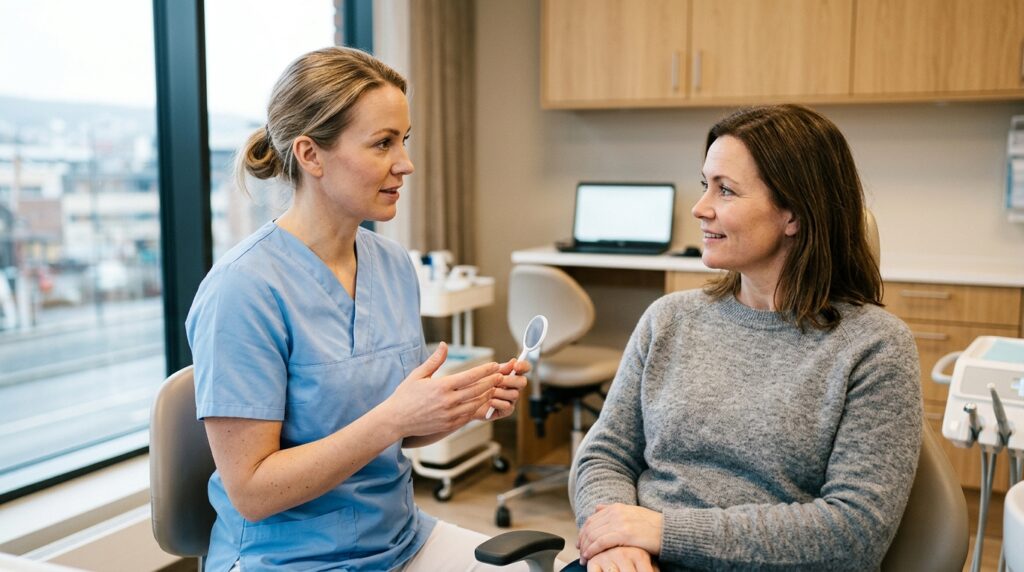 Tannlege i rolig konsultasjon med pasient, vennlig forklaring av behandling og trygghet først i dental_consultation.