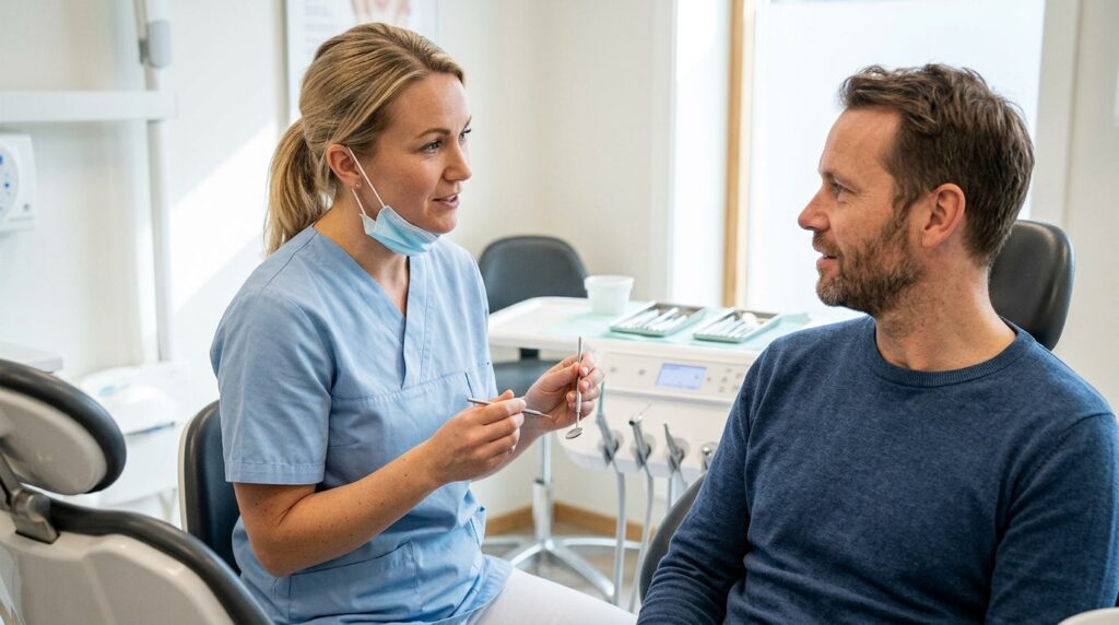 Tannpleier utfører tannrens i klinikk under rolig konsultasjon, forklarer behandlingen og renser tennene grundig.
