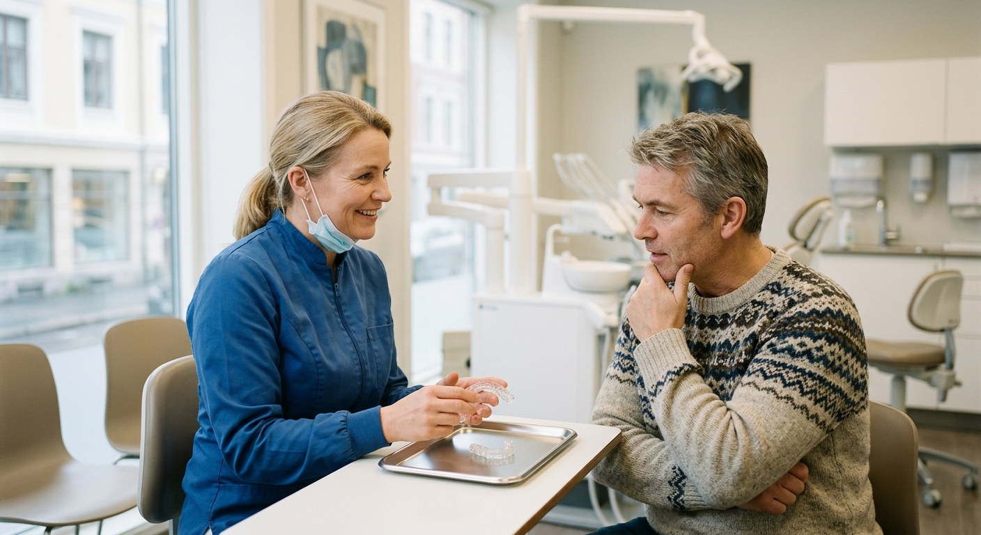 Rolig pasient i tannklinikk under vurdering hos tannlege, mulig bittskinne i forbindelse med rutinesjekk