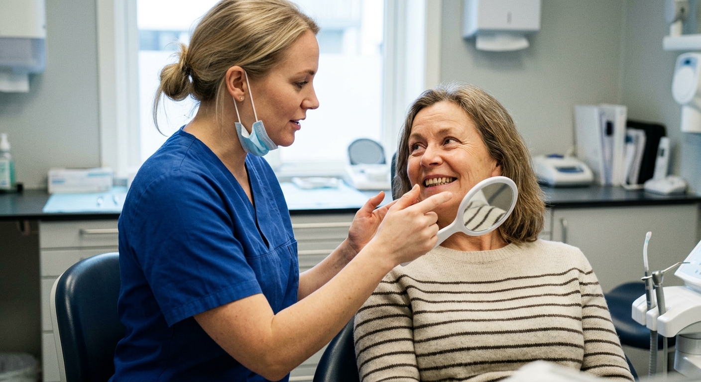 Pasient smiler under tannlegekonsultasjon i tannklinikk, estetisk tannbehandling og naturlig vurdering av tenner