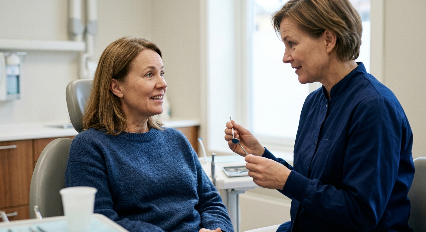 Pasient smiler under rutinemessig tannlegekonsultasjon i tannklinikk, som viser hva som påvirker tennenes mørkere utseende