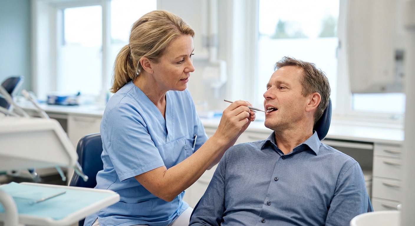 Rolig tannlegekonsultasjon på tannklinikk, vurdering av tannplager ved tannlegevakt i rolig klinikkmiljø