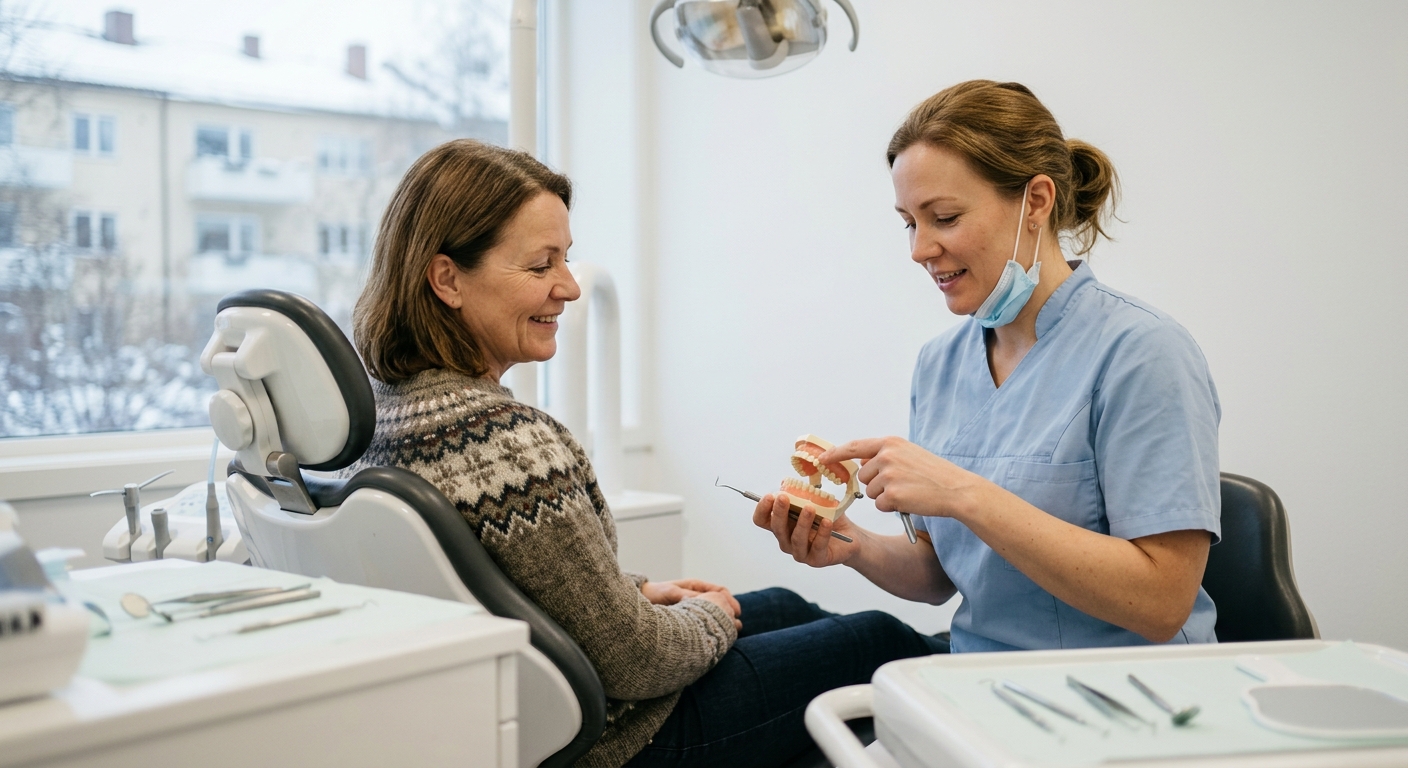 Pasient smiler under tannlegekonsultasjon i tannklinikk, vurdering av tannkrone og behov for behandling.
