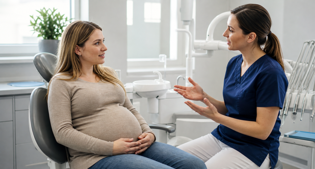 Gravid pasient snakker med tannlege om tannhelse under graviditet.